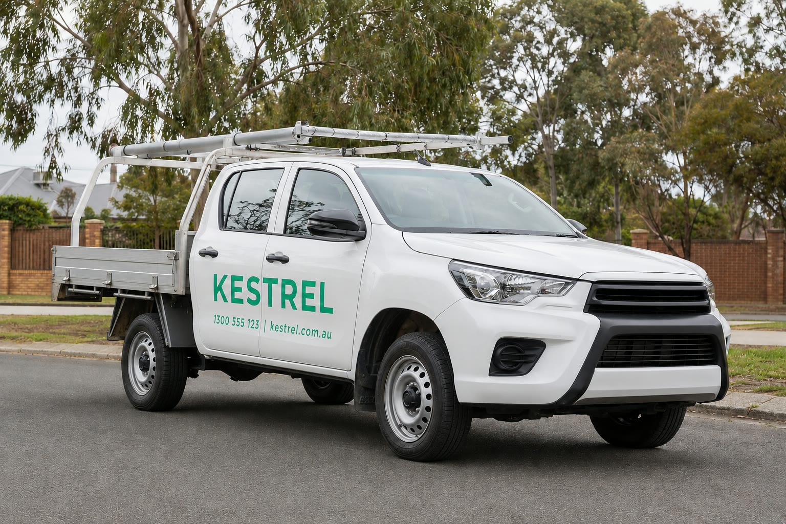 Signed-up work ute, three-quarter view