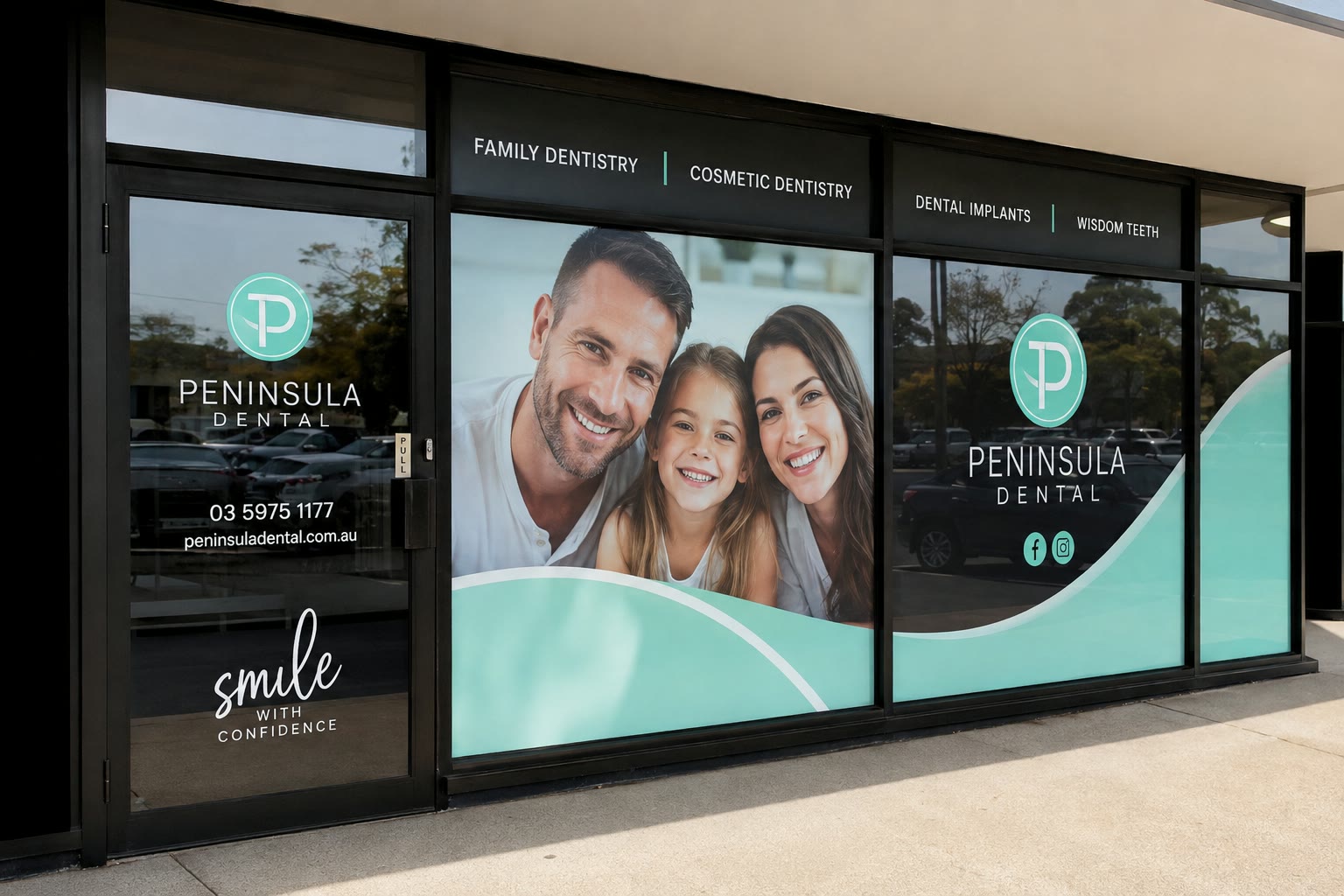 Printed window panels across a shop frontage
